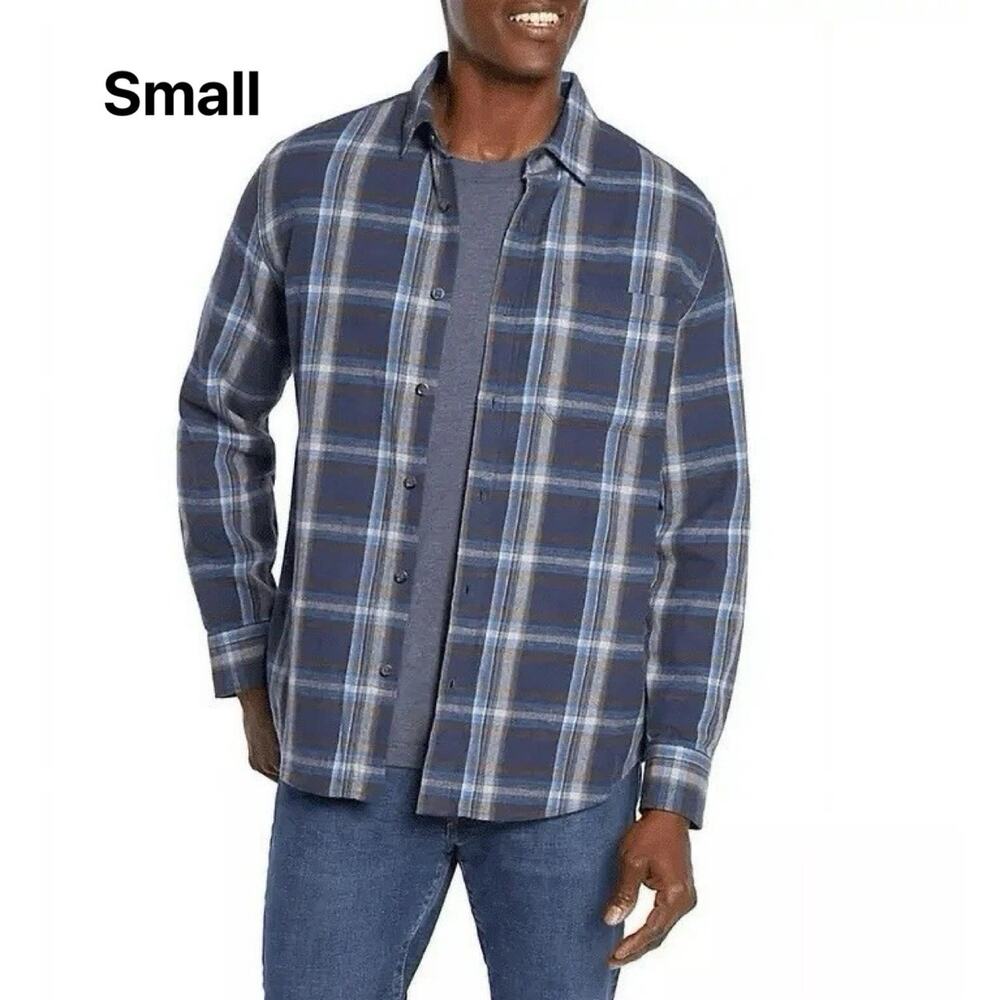 Eddie Bauer 100% Cotton Warm Brushed Twill Flannel Shirt Blue Canyon Plaid Small